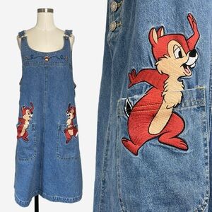 Vintage 90s Disney Chip N Dale embroidered denim jean overall jumper dress L